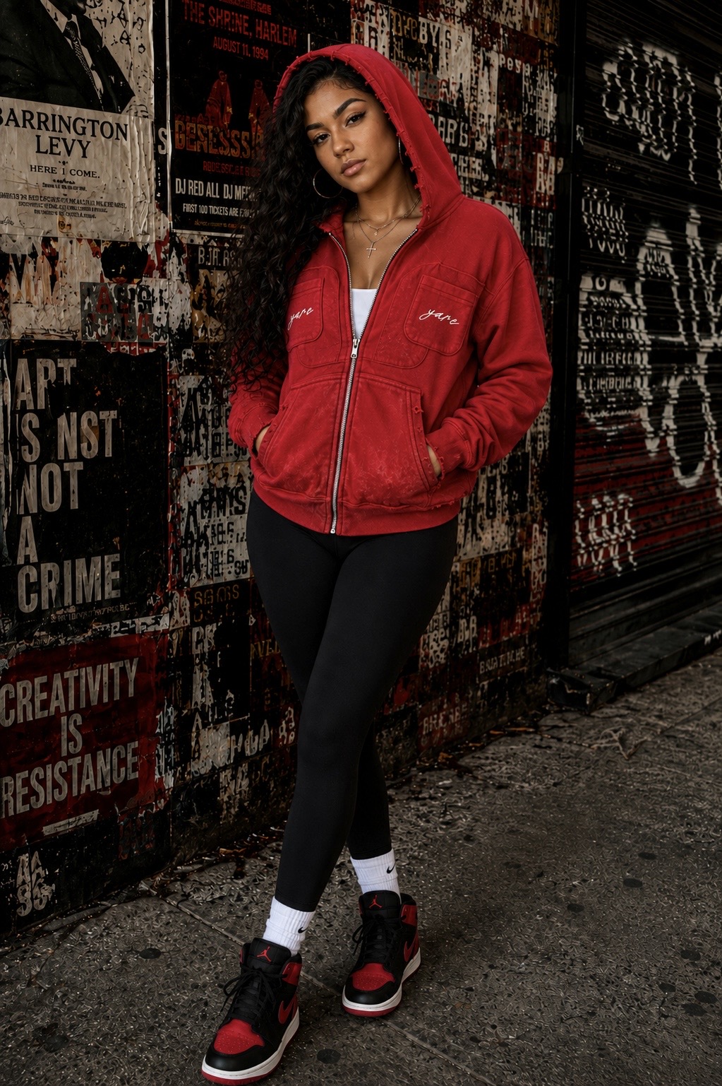 Portrait of a young woman wearing the red Double Pocket YARE Jacket hood-up against a poster wall