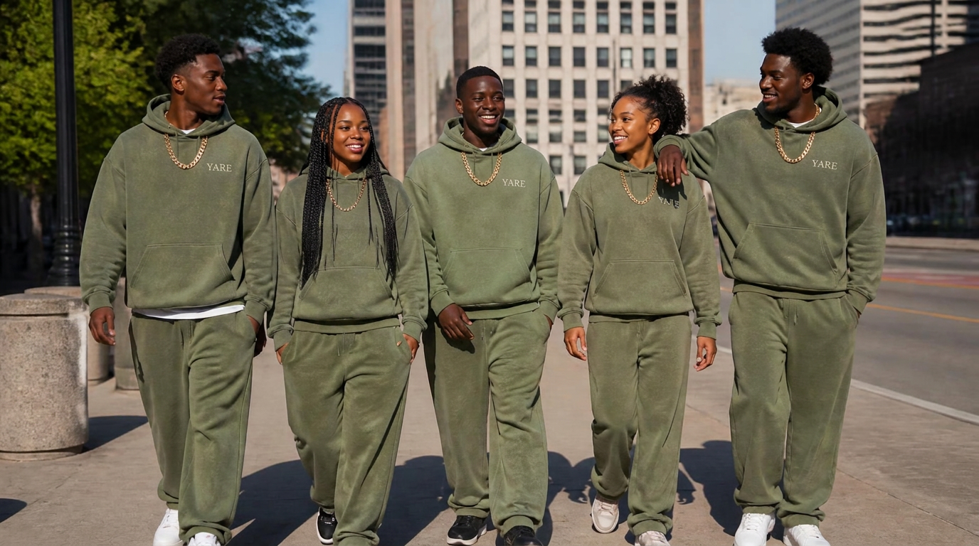Group of friends in urban streetwear walking together down a sunny city street
