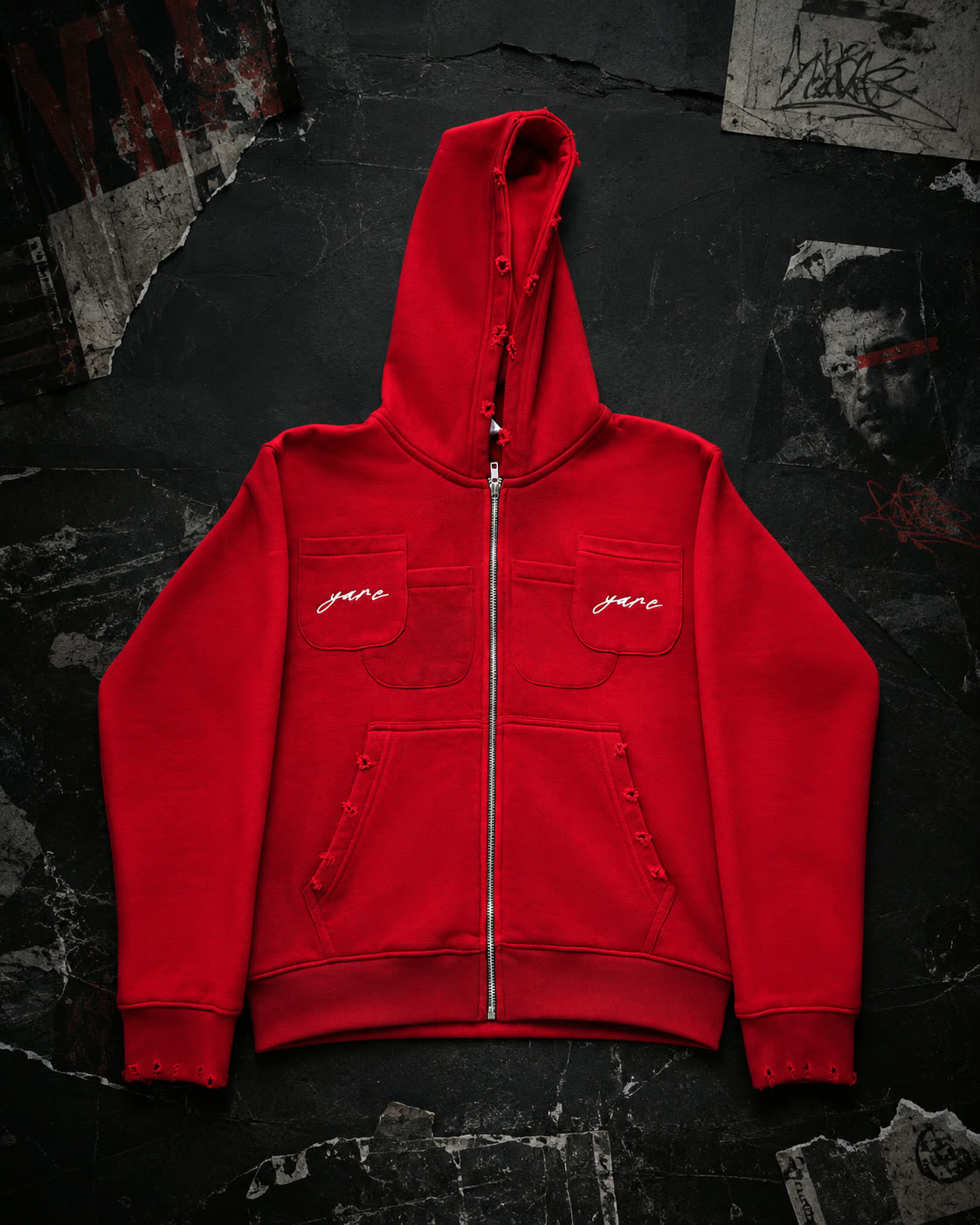 Young woman wearing the red Double Pocket YARE Jacket