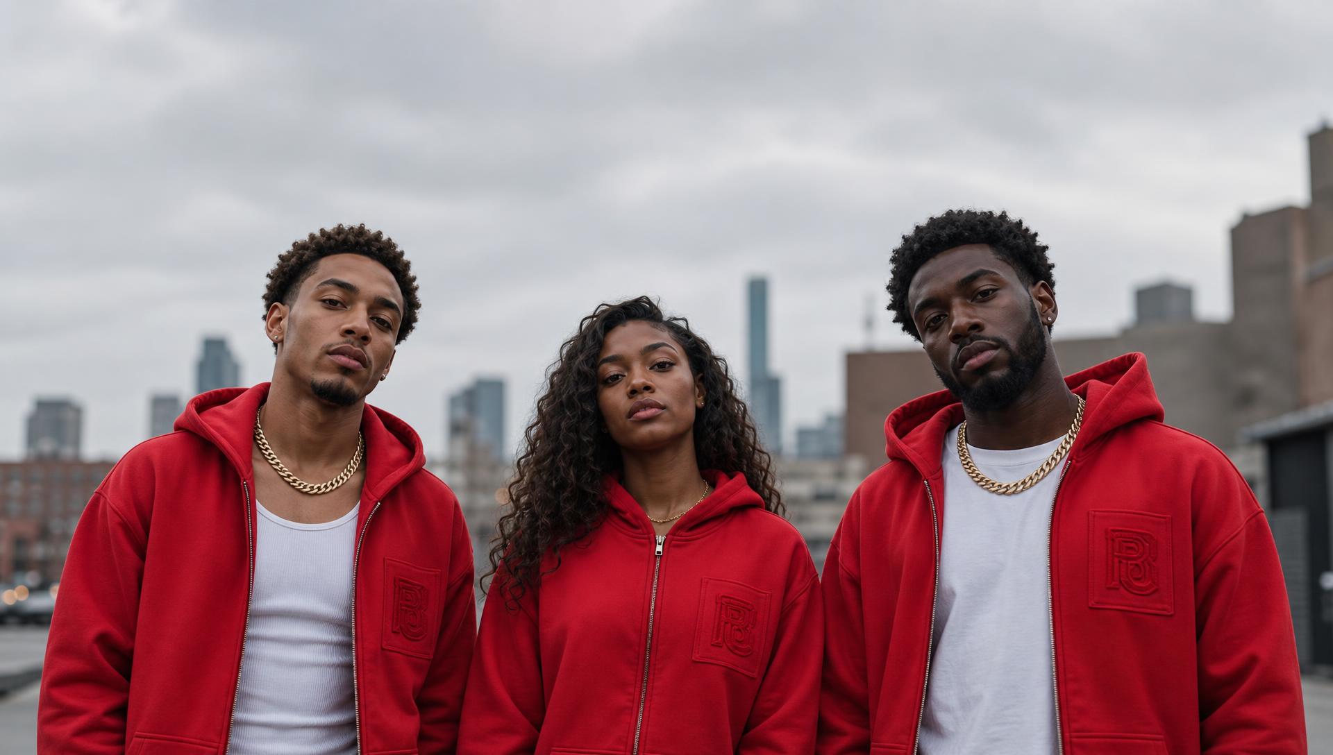 Three models on a city street in the bright red Double Pocket YARE Jacket — one worn open over a white tank, one zipped, one half open over a white tee, styled with gold Cuban link chains